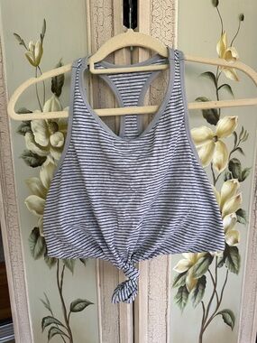 aerie Gray & White Striped Racerback Tank with Front Tie